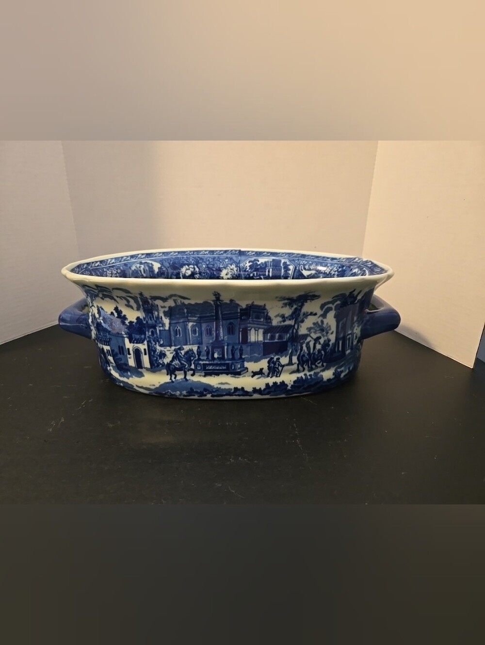 Victoria Ware Ironestone Scallop Edge Blue & White Basin Planter Foot Bath 9x15"